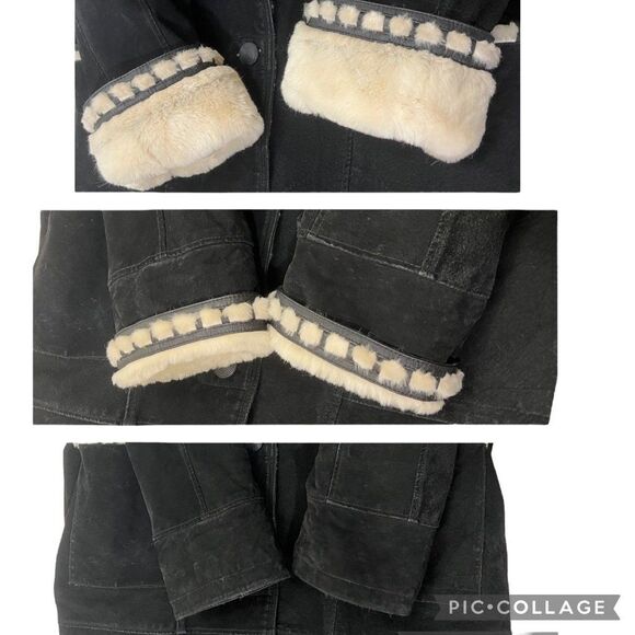 Vintage Sin by Morgan Cooper Black Suede Faux Fur Hooded Trench Coat Jacket L - Picture 11 of 16